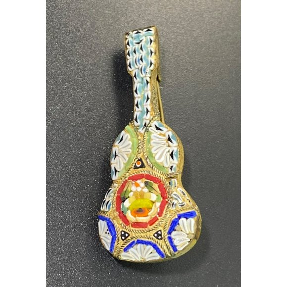Jewelry - Vintage Micro Mosaic Guitar Brooch Pin Italy Gold Tone Instrument